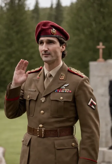 Justin Trudeau standing infront of a Nazi podium wearing an SS soldier uniform with his arm up straight saying "hail Hitler"