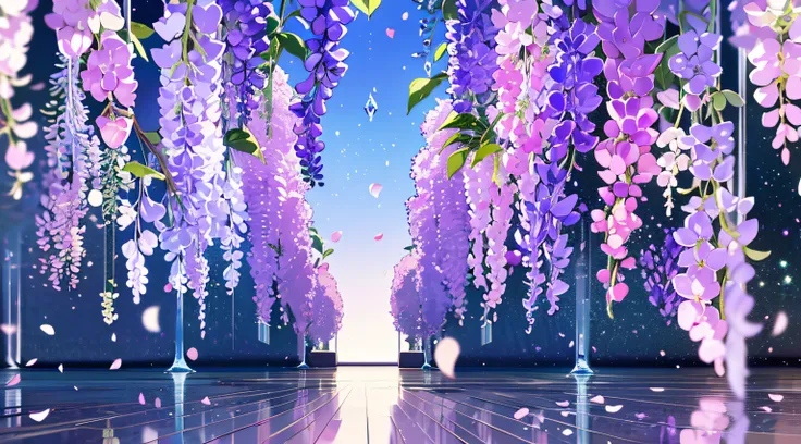 Wallpaper, pink water, pink gradation water, calm water, wisteria petal, wisteria tree, crystal, crystal chunk, HD Detail, Ultra Detail, Soft Light, Deep Field Focus Bokeh, Ray Tracing, Diffuse (extra fine glass reflections). --v6