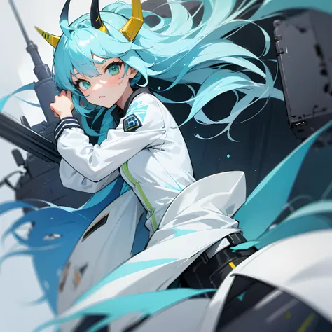 lightblue hair，teens girl，Green eyes，White combat uniform，Colombian style，One horn，mechanical sense