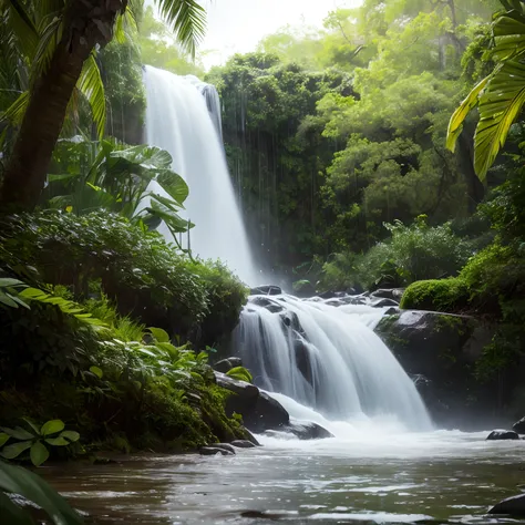 A jungle, with intense rainfall, monochromatic, vines all around, giant and wet trees, masterpiece, best quality, high quality, extremely detailed CG unity 8k wallpaper, oil paiting, award winning photography, Bokeh, Depth of Field, HDR, bloom, Chromatic A...