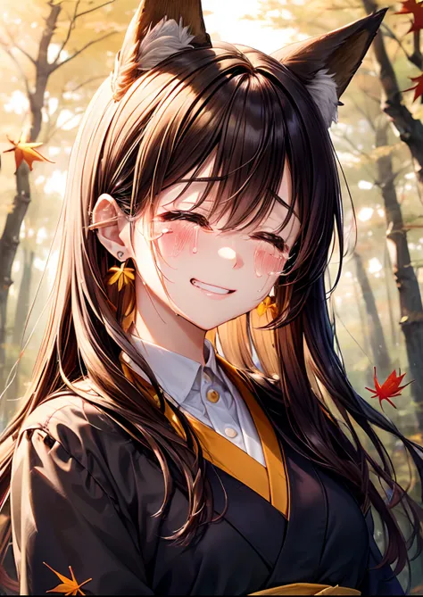 absurderes, ultra-detailliert,bright colour, (1girl in:1.4),(A very beautiful forest with autumn leaves:1.5),extremely beautiful detailed anime face and eyes, (Fox personification:1.3),Blushing、Yellow skin、(Brown Smooth Straight Hair:1.3)、Bright kimono bas...