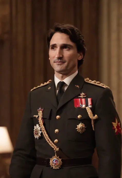 Justin Trudeau standing infront of a  podium wearing an SS soldier uniform with his arm straight up in the air, saying "hail Hitler"