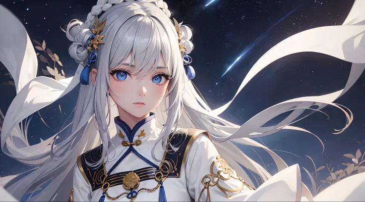 (4K, Best quality), (Detailed eyes), (detailed hairs),a pregirl, A half body，Deep blue eyes, Stars in Eyes, long whitr hair, Gray hair,TRADITIONAL CHINESE COSTUMES，white  clothes, under moonlight.