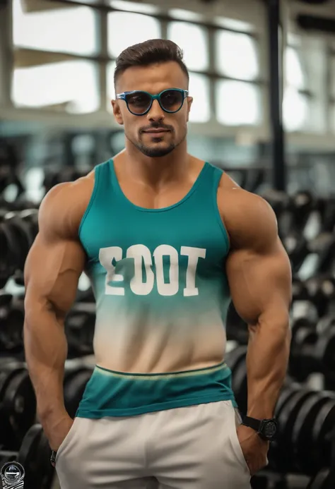 (peito muscular,bodybuilder physique,strong muscles)(Tampo branco do tanque,encaixe branco singlet,Camisa muscular)(Round Eyewear,oval glasses) ,(best quality,ultra-detalhado,Realistic:1.37) ,(retrato,Close-up)(vivid colors,foco nítido)(soft lighting,luz d...