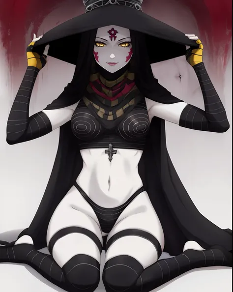 Scathach,makeup,navel,yellow eyes, ,grey skin, floating, closeup, red rose tattoo on face, black caul, ScaBan,striped crop top ,striped ,fingerless gloves , striped underwear,jewelry ,large witch hat, cape, nighttime, pillars, lake, (insanely detailed, bea...