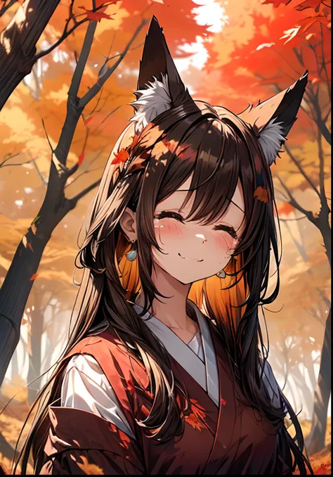 absurderes, ultra-detailliert,bright colour, (1girl in:1.4),(A very beautiful forest of autumn leaves:1.5),extremely beautiful detailed anime face and eyes, (Fox personification:1.3),Blushing、Yellow skin、(Brown Smooth Straight Hair:1.3)、Bright kimono based...