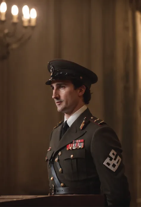 Justin Trudeau standing infront of a Nazi podium wearing an SS soldier uniform with his arm up straight saying "hail Hitler"