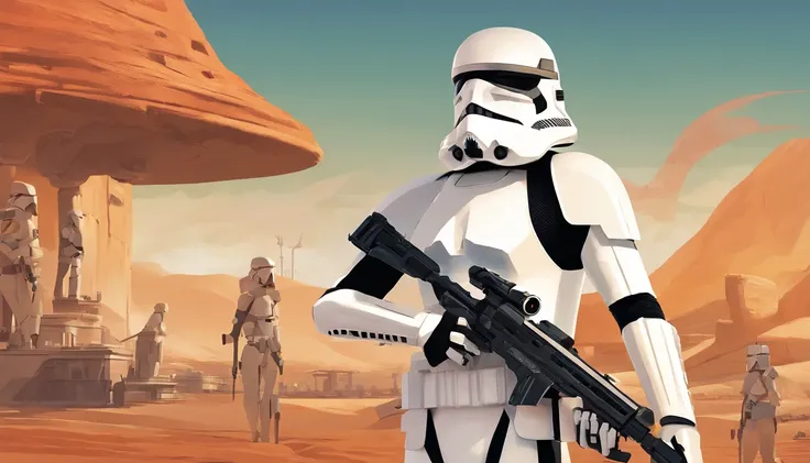 Medium Shot, Imperial Stormtrooper, Outstretched Hand, against the backdrop of the desert,  based on concept art by Magalie Villeneuve, trending on cg society, AB """"Star Wars""": The Old Republic", influenced by Ralph McQuarries concept art. The stormtro...