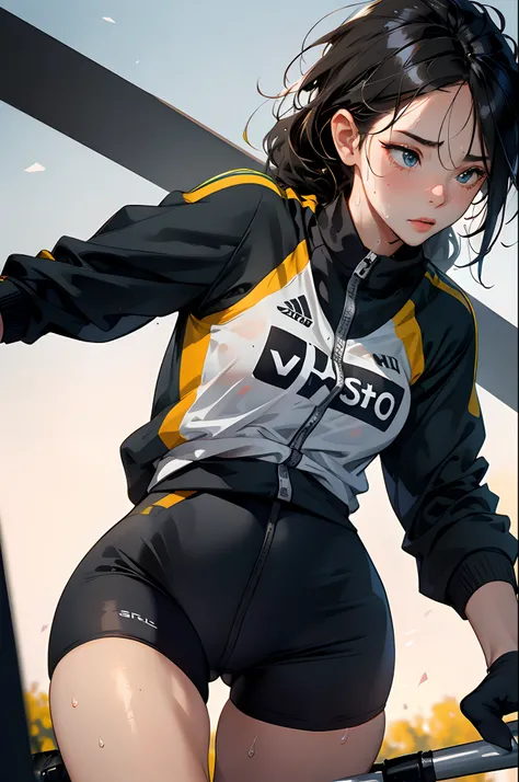 (Best Quality,8K,hight resolution,masuter piece:1.2),Ultra-detailed,Realistic:1.37,Portrait,Dynamic Angle,(Female Cyclist) ,Teenage girl,small head,Cute,Sporty,Charming face,Detailed beauty face,Very realistic skin,Wet skin,Sweat,Large breasts,Narrow waist...