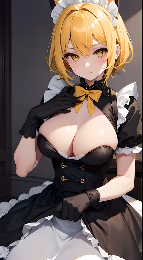 best quality, high_resolution, distinct_image,1 cat girl,covered big breast, short yellow hair, yellow eye, black hand gloves, maid dress