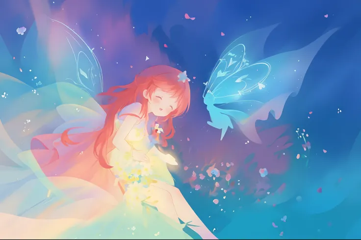 beautiful girl in flowing white dress, (glowing fairy wings), glowing flowing ballgown, glowing red hair, sparkling fairy wings, watercolor illustration, flowers and colorful plants, inspired by Glen Keane, inspired by Lois van Baarle, disney art style, by...