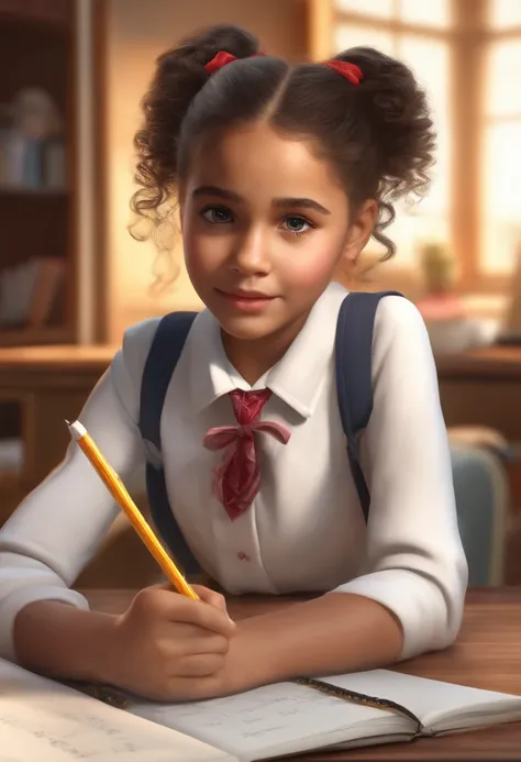 (best quality,4k,8k,highres,masterpiece:1.2),ultra-detailed,(realistic,photorealistic,photo-realistic:1.37),A young girl, about 10 years old, sits at her desk in her bedroom. She is wearing a school uniform and has her hair tied back in a ponytail. She is ...