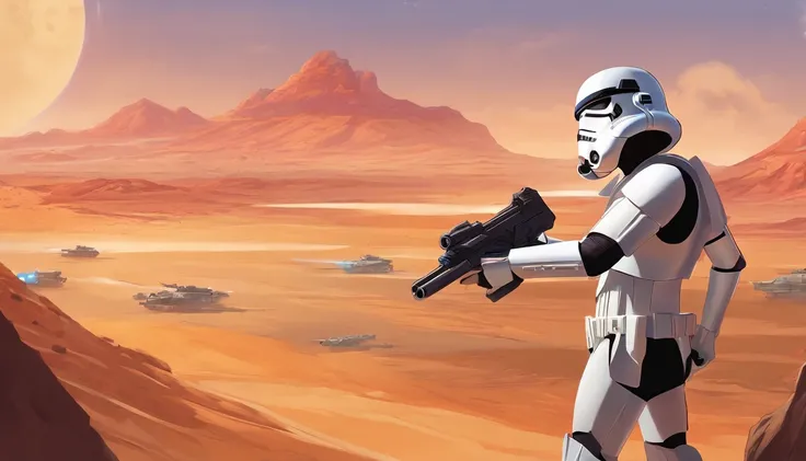 Medium Shot, Imperial Stormtrooper, Outstretched Hand, against the backdrop of the desert, based on concept art by Magalie Villeneuve, trending on cg society, AB """"Star Wars""": The Old Republic", influenced by Ralph McQuarries concept art. The colors an...