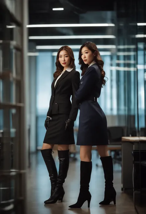 (best quality,ultra-detailed,photorealistic),two young Japanese women in suits,black leather gloves,standing facing the camera with knee-high boots. The setting is in a modern office, exuding a stylish and sophisticated atmosphere. The height difference be...