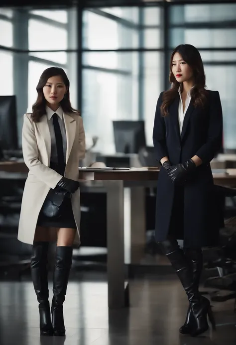 (best quality,ultra-detailed,photorealistic),two young Japanese women in suits,black leather gloves,standing facing the camera with knee-high boots. The setting is in a modern office, exuding a stylish and sophisticated atmosphere. The height difference be...