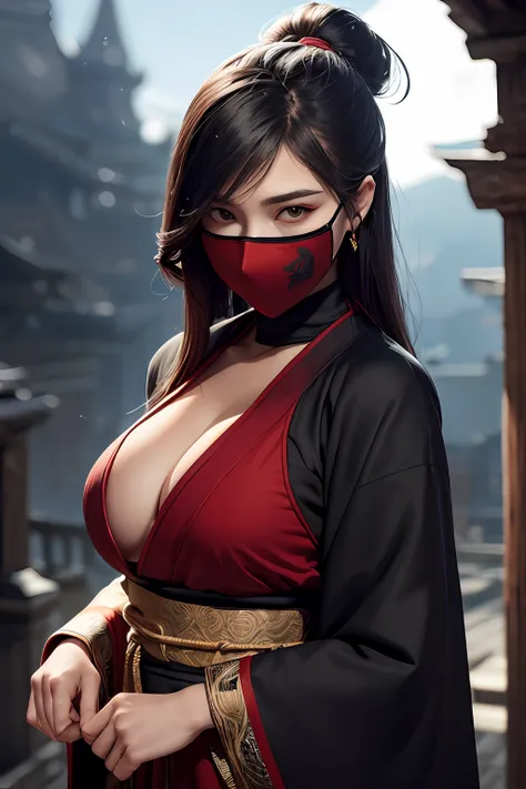 high quality fingers, normal hands, detailed fingers, masterpiece, (realistic, photo-realistic: 1.37), realistic, 1girl, long hair:1.5, black hair:1.2, red eyes:1.5, bright eyes, mortal kombat, ninja, blood, scar, weapons, kimono, dress, mortal kombat cost...