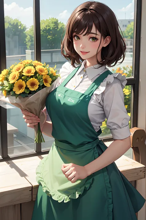 1lady solo, /(staff uniform/) /(deep green apron/), /(brown hair/) bangs, blush kind smile, (masterpiece best quality:1.2) delicate illustration ultra-detailed, large breasts BREAK /(flower shop/)