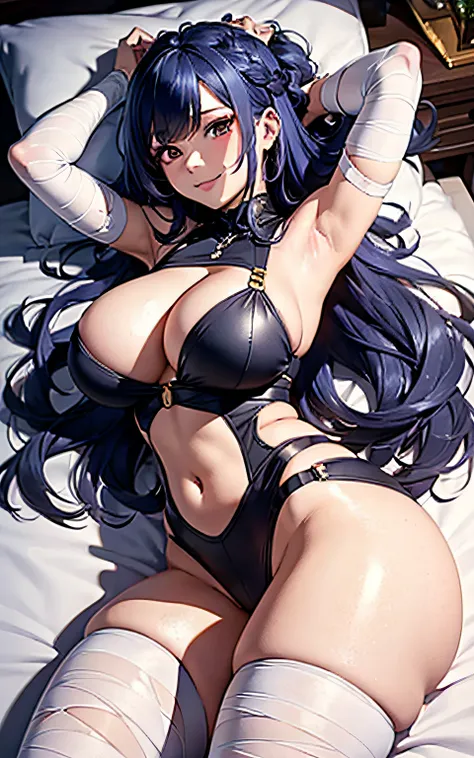 16K Best Quality, of the highest quality, Ultra-detailed, masutepiece, mummy costume, Bewitching smile、Beautiful armpits、Arm bandage, chest bandage, Bandage on the buttocks,Thigh bandage,Beautiful woman with long blue hair, She has a big braid in her hair....