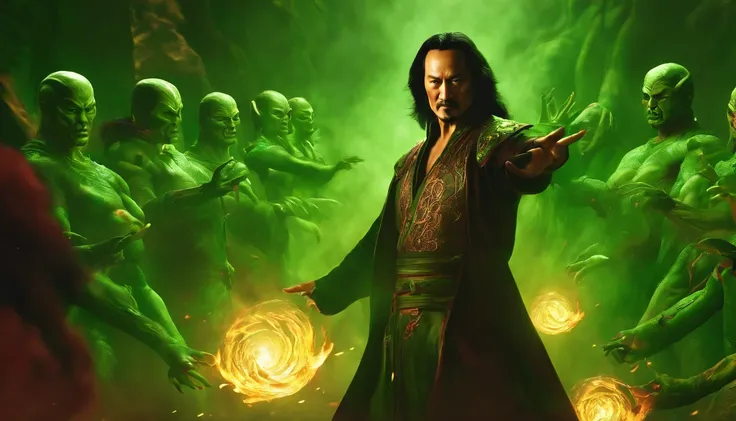 Shang Tsung surrounded by a circle of flame green souls