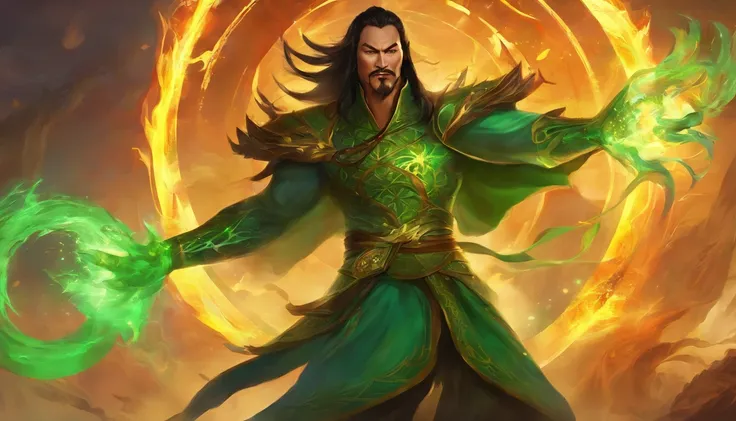 Shang Tsung surrounded by a circle of flame green souls