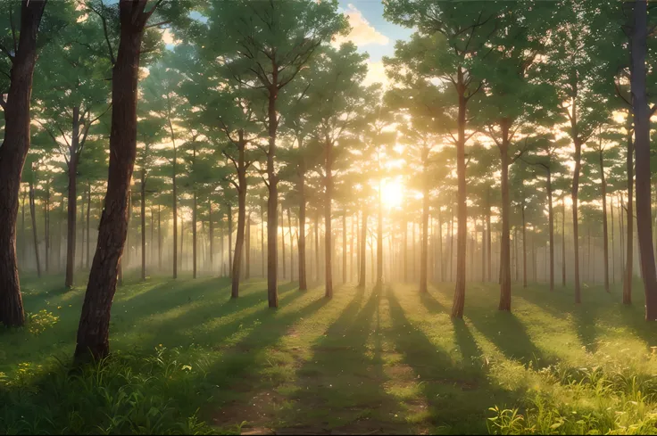 sunset, golden tones, forest lit by sun rays, photorealistic, rtx, hdr, unreal engine, digital art widescreen 8 k, studio ghibli, disney  film, ambient lighting  reflections --auto --s2