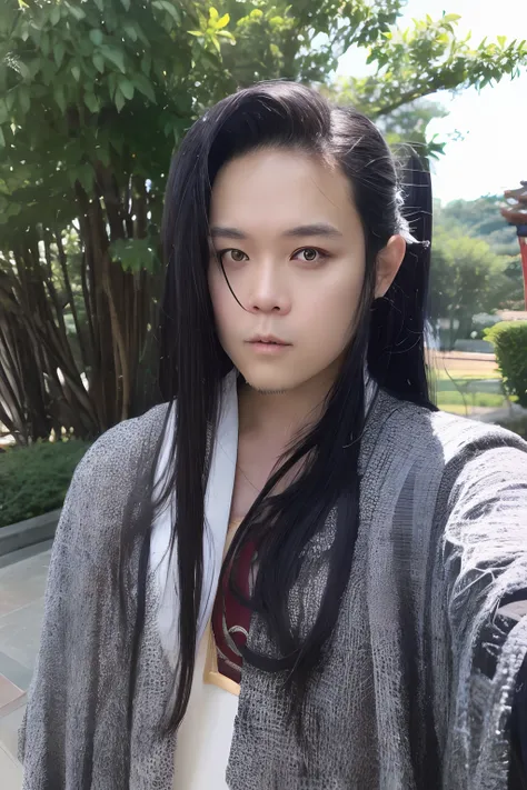 of a guy，long whitr hair，black hair，handsome，deep eyes，full bodyesbian，wear hanfu，black hanfu，black buhan followed，ancient wind，...