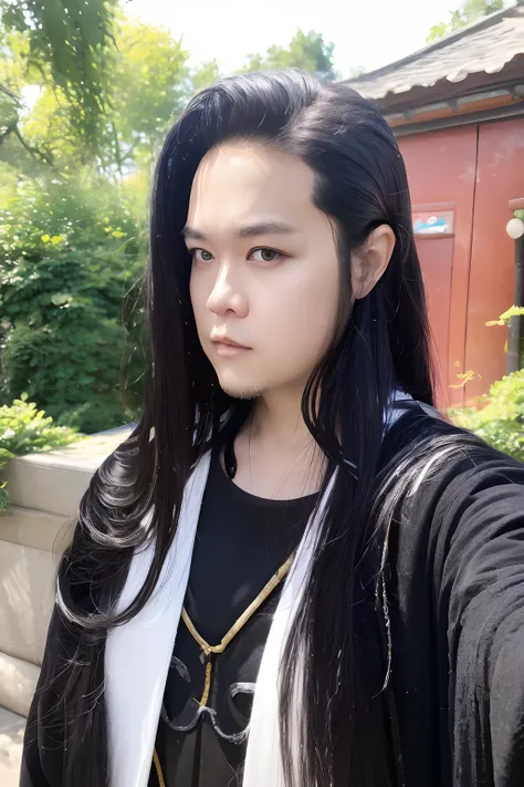 of a guy，long whitr hair，Black hair，Handsome，Deep eyes，full bodyesbian，Wear Hanfu，Black Hanfu，Black Buhan followed，Ancient wind，Contour light，The background is blurred out