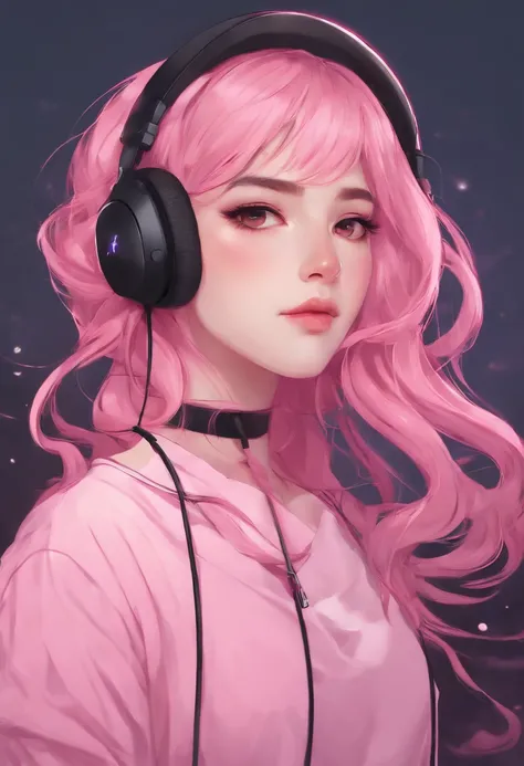 uma menina com fones de ouvido e uma camisa rosa, Streamer do Twitch, estilo anime 4K, ig studios estilo anime, longos cabelos rosa