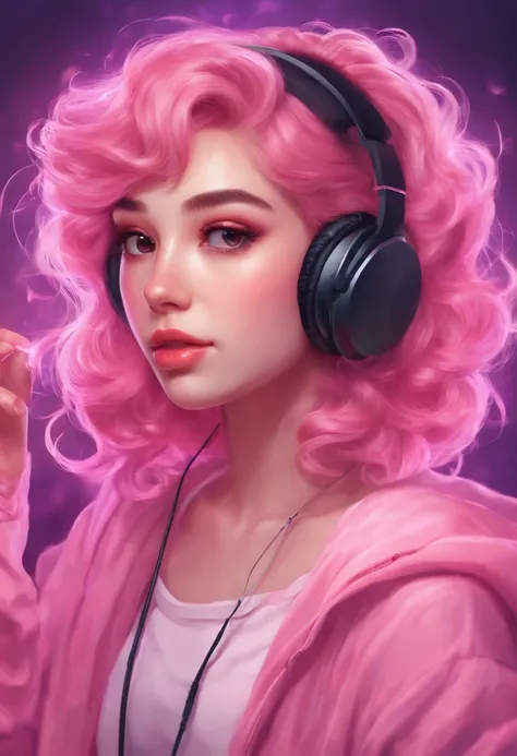 uma menina com fones de ouvido e uma camisa rosa, Streamer do Twitch, estilo anime 4K, ig studios estilo anime, longos cabelos rosa