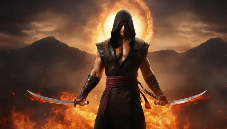 Liu Kang em um anel de fogo, dedos de alta qualidade, normal hands, dedos detalhados, obra-prima, (realista, foto-realista: 1.37), realista, cabelo preto:1.2, olhos vermelhos:1.5, olhos brilhantes, mortal kombat, ninja, sangue, cicatriz, armas, kimono, ves...