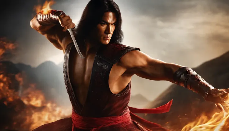 Liu Kang em um anel de fogo, dedos de alta qualidade, normal hands, dedos detalhados, obra-prima, (realista, foto-realista: 1.37), realista, cabelo preto:1.2, olhos vermelhos:1.5, olhos brilhantes, mortal kombat, ninja, sangue, cicatriz, armas, kimono, ves...