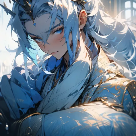 Antique handsome man，blue long hair，Silver hair crown，Light blue robe，With a gentle expression