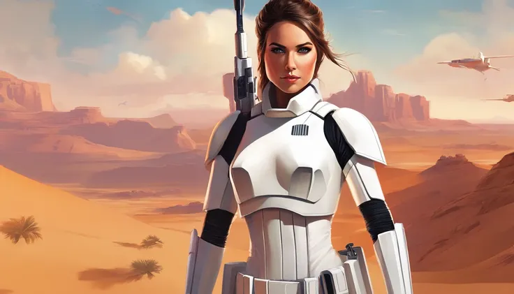 Average shot of a female Imperial stormtrooper against the backdrop of the desert, based on concept art by Magalie Villeneuve, trending on cg society, AB """""Star Wars"""": The Old Republic", influenced by Ralph McQuarries concept art. The stormtrooper ha...