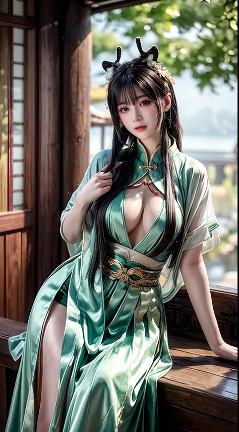 (Best quality,4K,8K,A high resolution,Masterpiece:1.2), Ultra-detailed, (Realistic,Photorealistic,photo-realistic:1.37), Blurred, Green-haired lady, Vertical yellow iris, deer antlers, Swimwear, Soft lighting, Playful and elegant curves, Sharp focus, Extre...