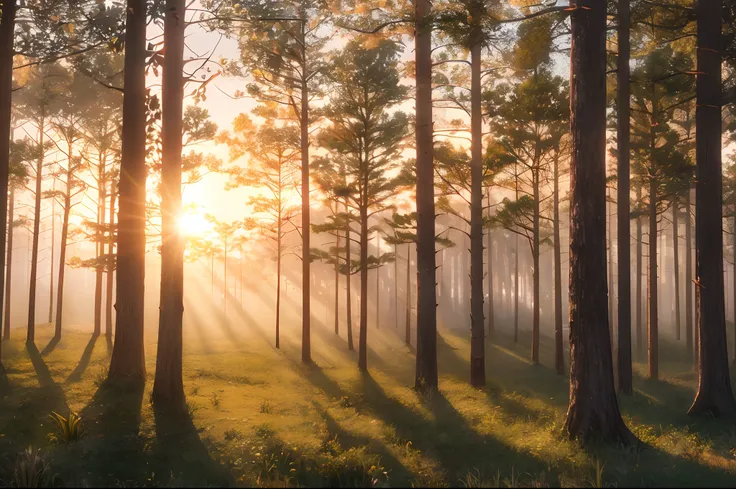 sunset, golden tones, forest lit by sun rays, photorealistic, rtx, hdr, unreal engine, digital art widescreen 8 k, studio ghibli, disney  film, ambient lighting  reflections --auto --s2