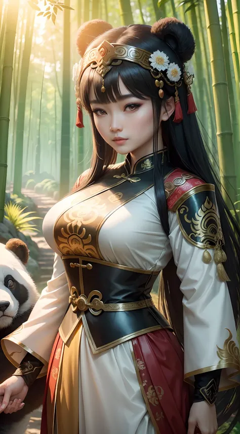 Chinese Heroine, dressed in Han Dynasty Costumes standing in the Bamboo Forest, lead a Panda, perfect face, perfect eyes, perfect figure, (intricate details:1.2), heroic posture, cinematic shot, 3D, (extremely CG unity 8k wallpaper:1.2), trending on CG, tr...