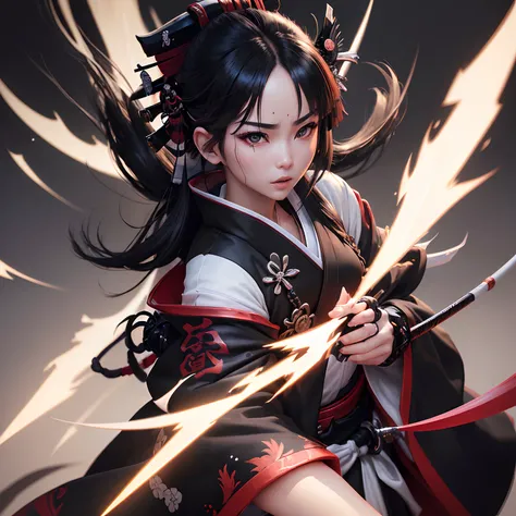 (Best Quality,Ultra-detailed,Realistic:1.37)、Japan onmyoji attacks with lightning spells、An 18-year-old woman、(Sharp eyes:1.5)、Aggressive look、Fashionable white hakama、(Black Eboshi:1.5)、Unleash lightning from the palm of your hand、Pentagram、Full body