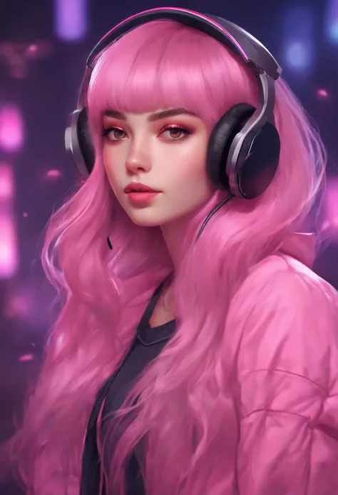 uma menina com fones de ouvido e uma regata rosa, Streamer do Twitch, estilo anime 4K,, longos cabelos rosa