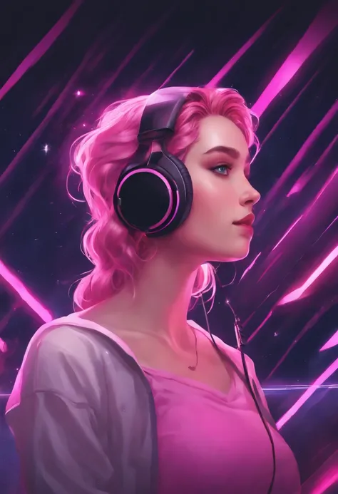 uma menina com fones de ouvido e uma regata rosa, Streamer do Twitch, estilo anime 4K,, longos cabelos rosa