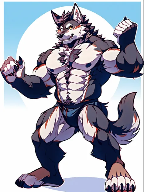 Human-wolf，musculous，Hairy all over，clawed paws，erect through