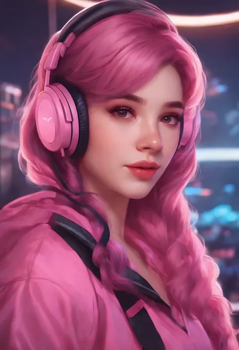 uma menina com fones de ouvido e uma regata rosa, Streamer do Twitch, estilo anime 4K,, longos cabelos rosa