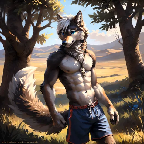 ((Solo)), male people, anthro wolf, (Multi-colored fur, White-brown:1.3，White tail pointed), ((Wolf face, White hair, Big eyes, White eyelids, Blue pupil, Slim:1.2) (Tough, Calm expression:1.2)), Abs, Slim, pinging)), (Correct anatomy), (Work shorts:1.1), ...