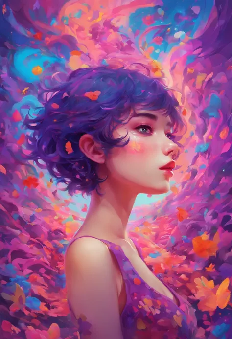 ((top-quality, 8K)), (Realistic), (Face Focus: 1.1), (purpleish color: 1.3), Kawaii Girl, short-hair, 
Hair fluttering in the wind, Facing to the side, Look up at your face, Eyes closed, (Sleeveless: 1.1)、Skirt, D Cup Breasts,Countless petals are falling