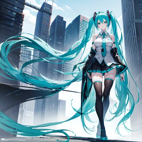 Big breasts Hatsune Miku，Super large breasts，apathy，No emotion，leg loops，Large scale，Disheveled clothes