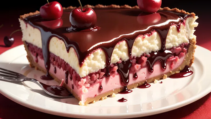 Appetizing slice of cherry cheesecake with chocolate, delicious, fragrant, detailed  professional photography and light, close-up