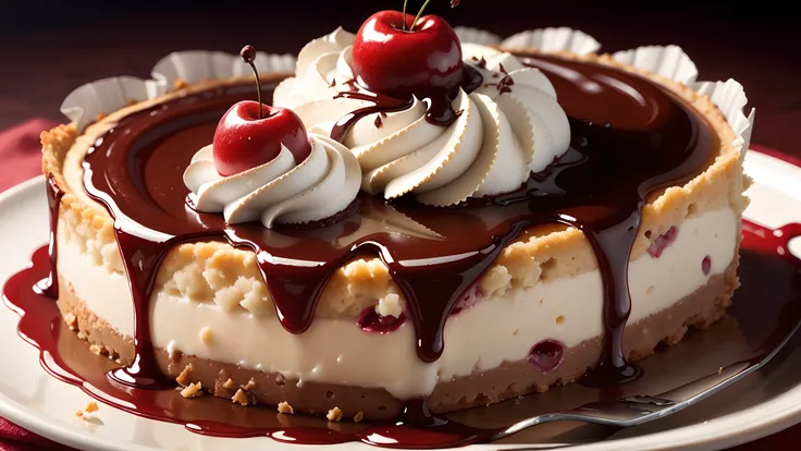 Appetizing slice of cherry cheesecake with chocolate, delicious, fragrant, detailed  professional photography and light, close-up