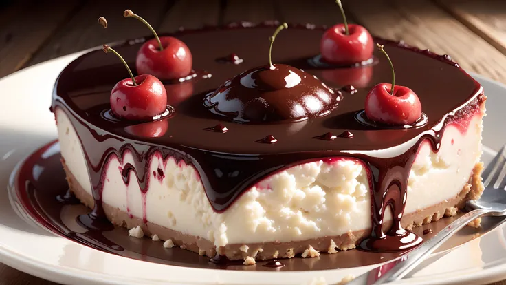 Appetizing slice of cherry cheesecake with chocolate, delicious, fragrant, detailed  professional photography and light, close-up