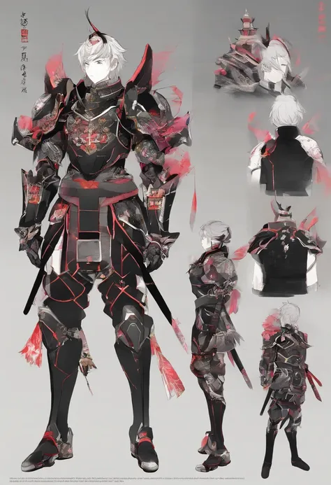 Concept art of a 16-year-old male character in traditional Japanese armor with 6 panels of multiple poses, cabelo curto, altura mediana, manga color pallet, blackscale and arm painting, volumeric lighting