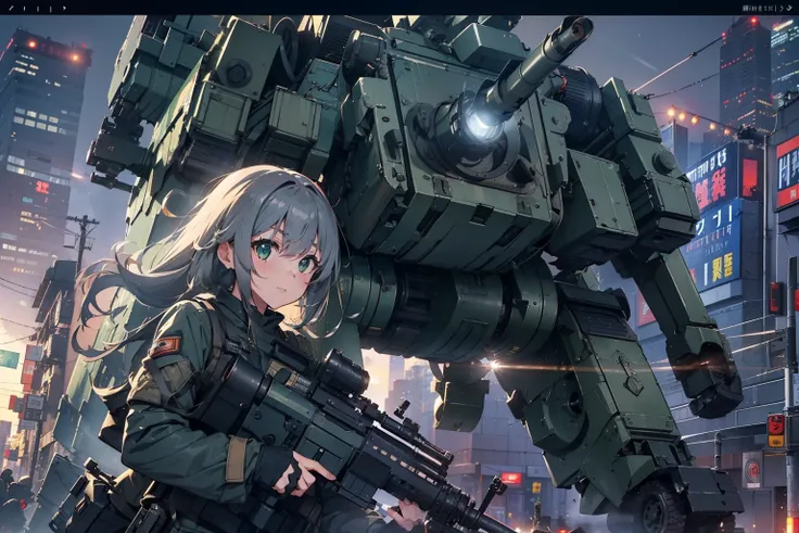 (One girl soldier sniping a huge military robot with anti-tank gun)、long eyelasher、Brush up、((​masterpiece、top-quality、extremely details CG、16k picture quality、Cinematographic lighting、lensflare))、Black combat uniform、Wide View、thick body、 Photorealsitic:1...