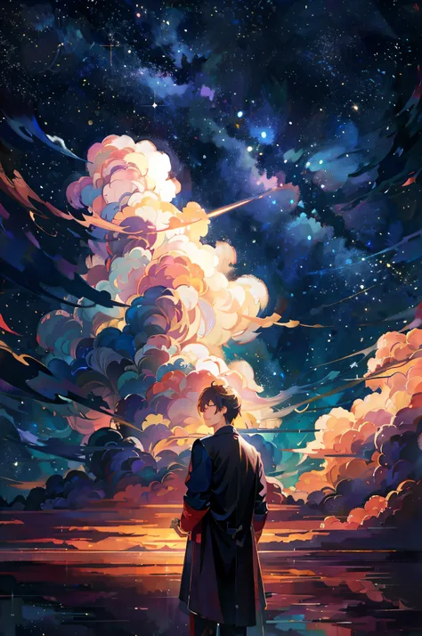 masterpiece, best quality, 1boy, clouds, starry, sky, colorful